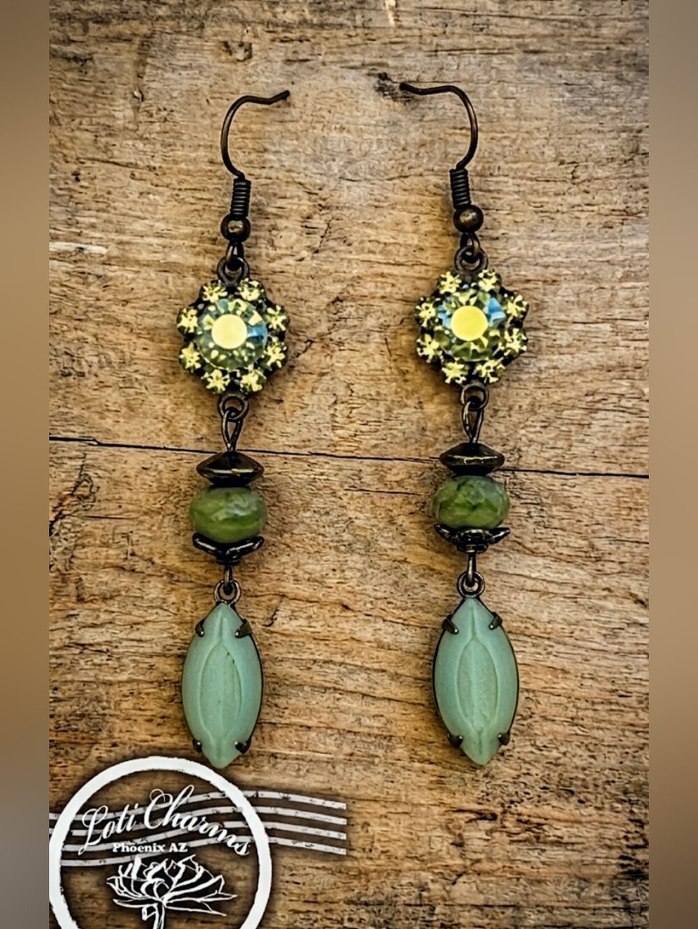 Victorian Green Flower Crystal In Three Tier Long Earrings In Brass